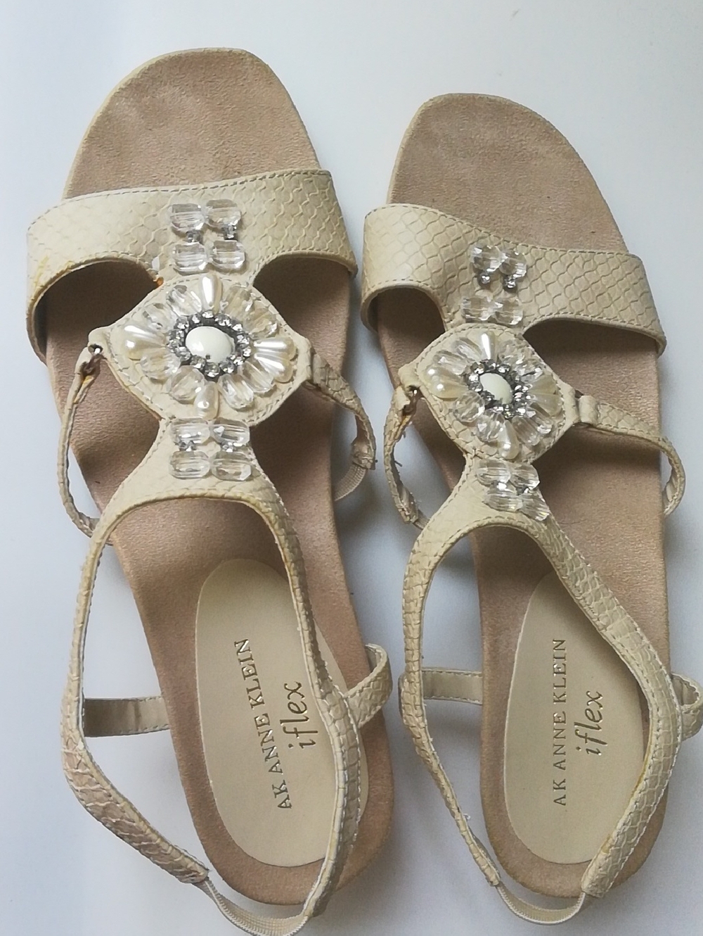 Anne Klein Cream Jeweled T-Strap Sandals